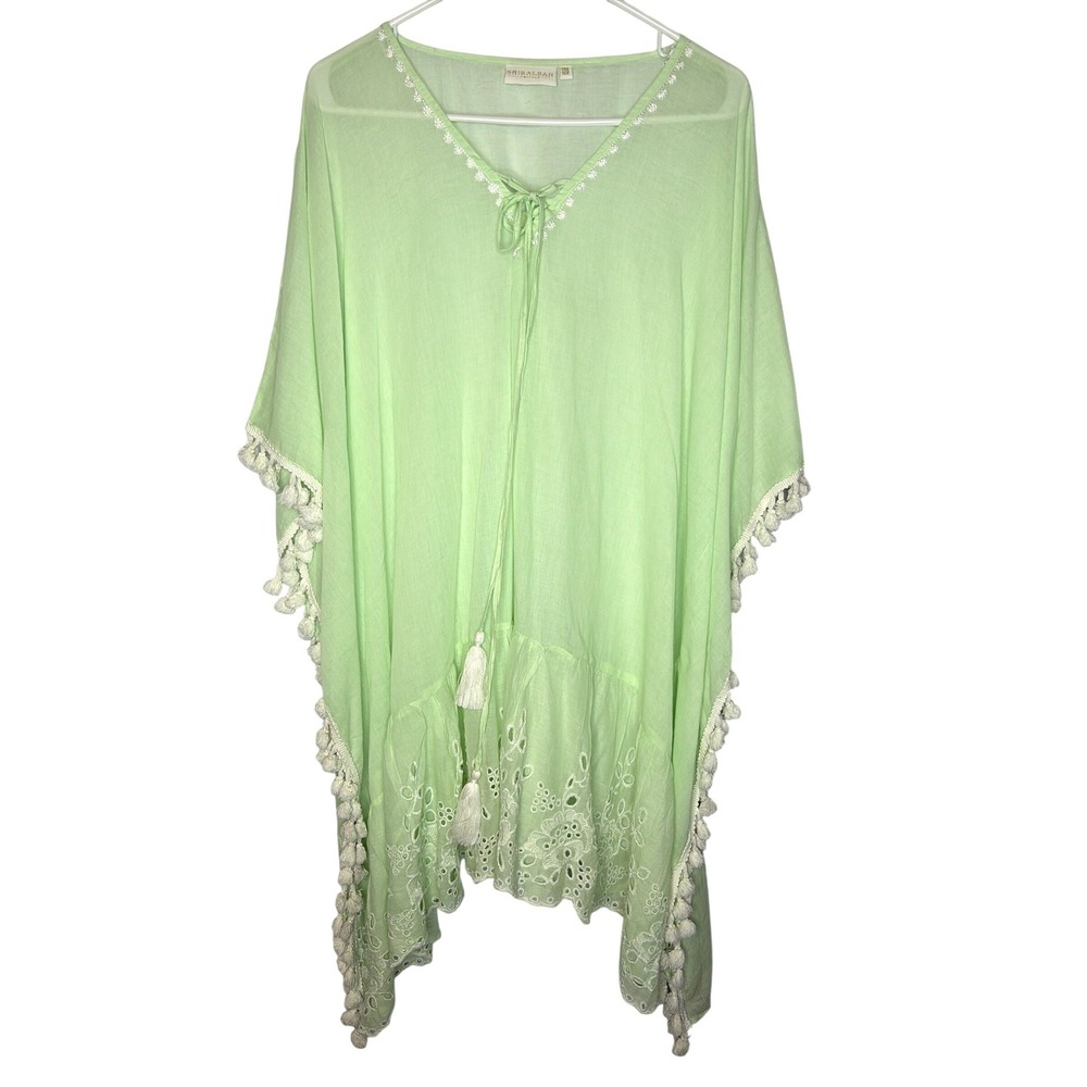 Shiraleah Kaftan One Size Boho Lime Green Eyelet Pom Pom Tassel Cover Up Dress